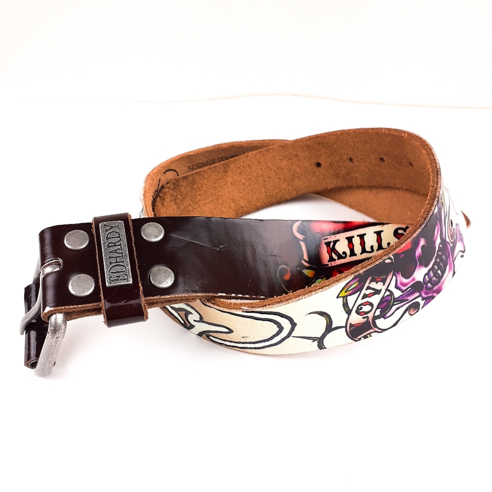 *NWOT* Ed Hardy Leather Graphic Skull Belt Sz Med